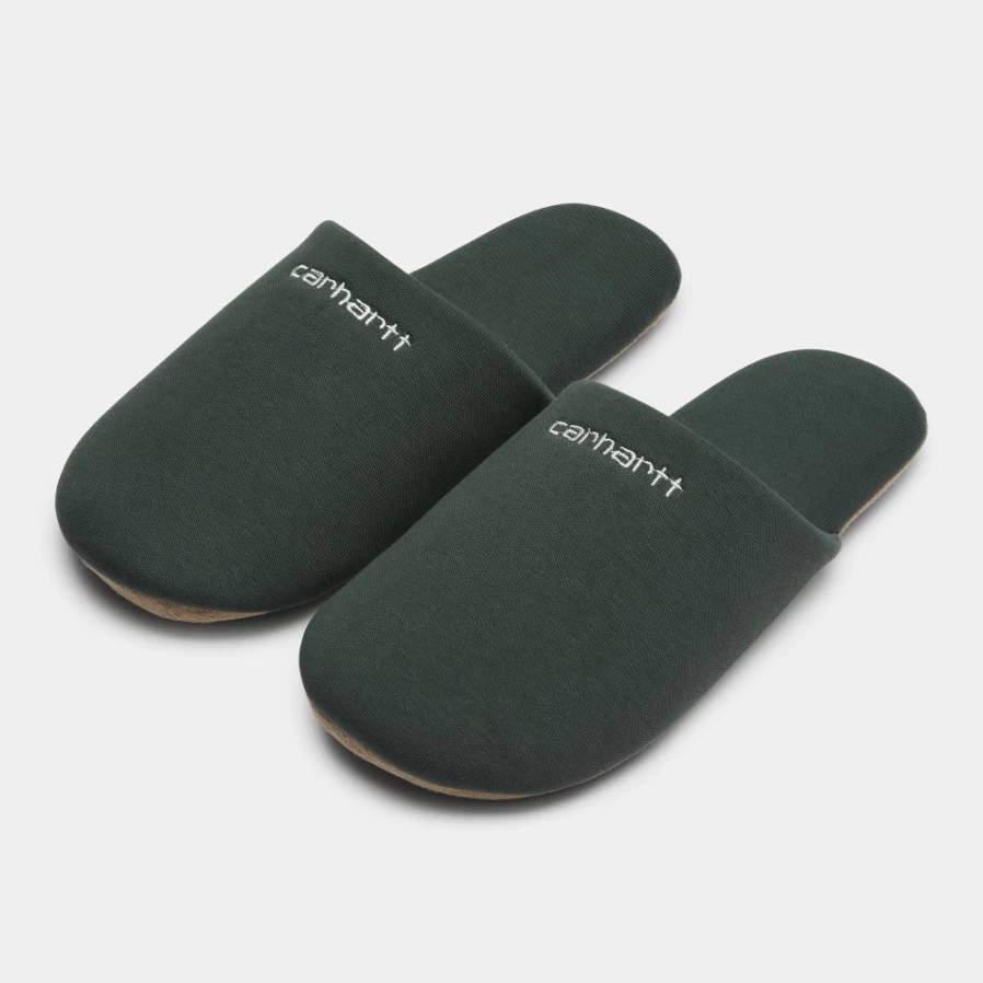 Carhartt WIP Women's Script Embroidery Slippers in Hemlock Green & White